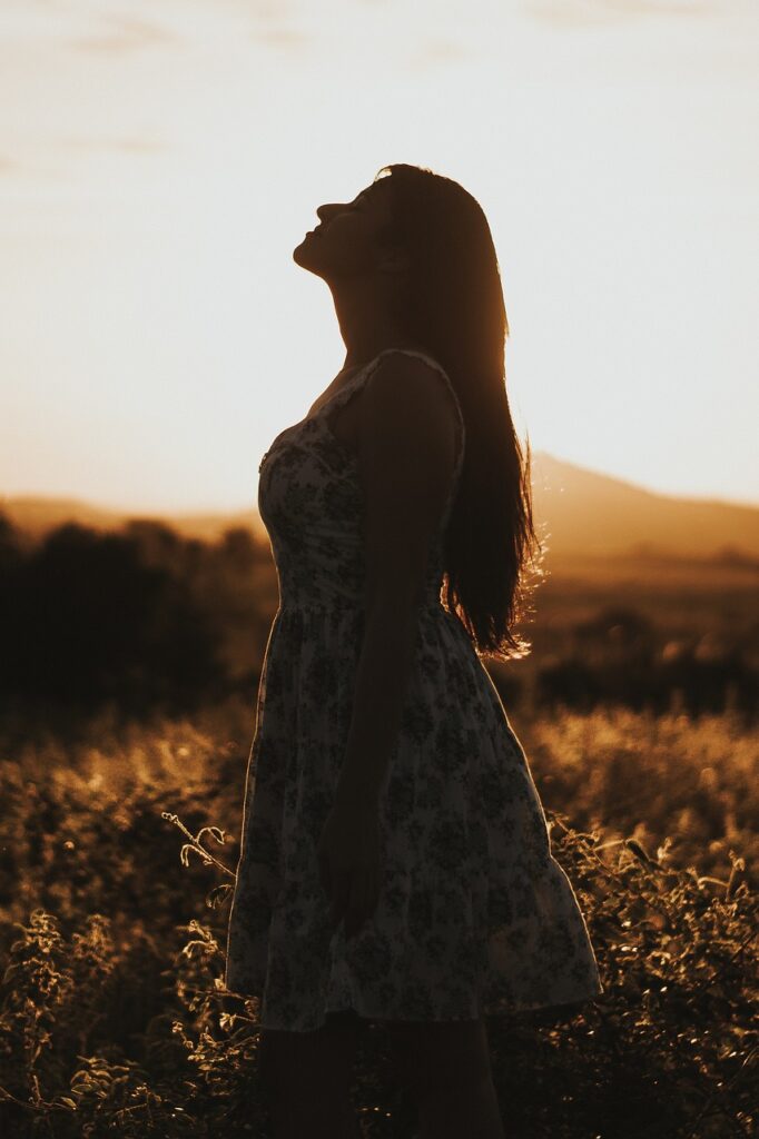 Silhouette of a woman standing in a field at sunset, symbolizing self-care, reflection, and mindfulness.